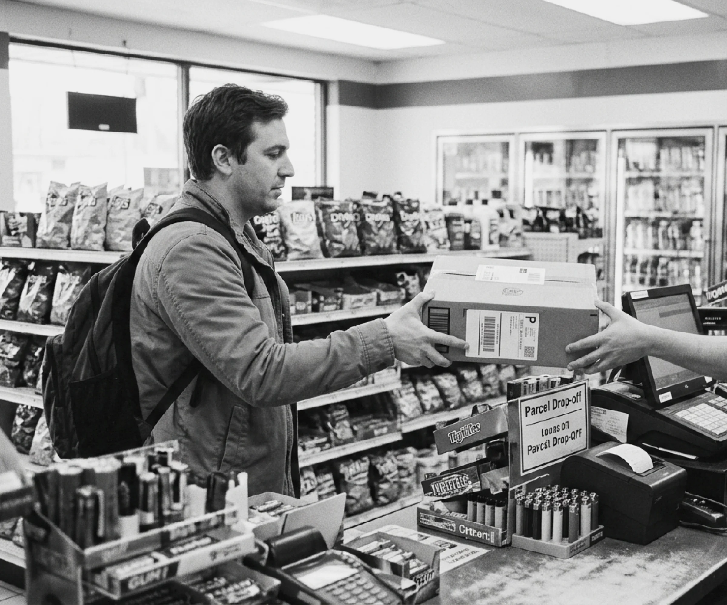 In a black-and-white convenience store, a backpacked customer passes a boxed item to the cashier across a crowded counter in a routine exchange.