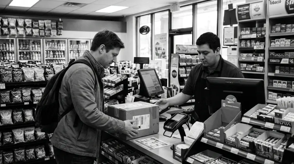 Black and white photo of a customer dropping off a return at a convenience store.