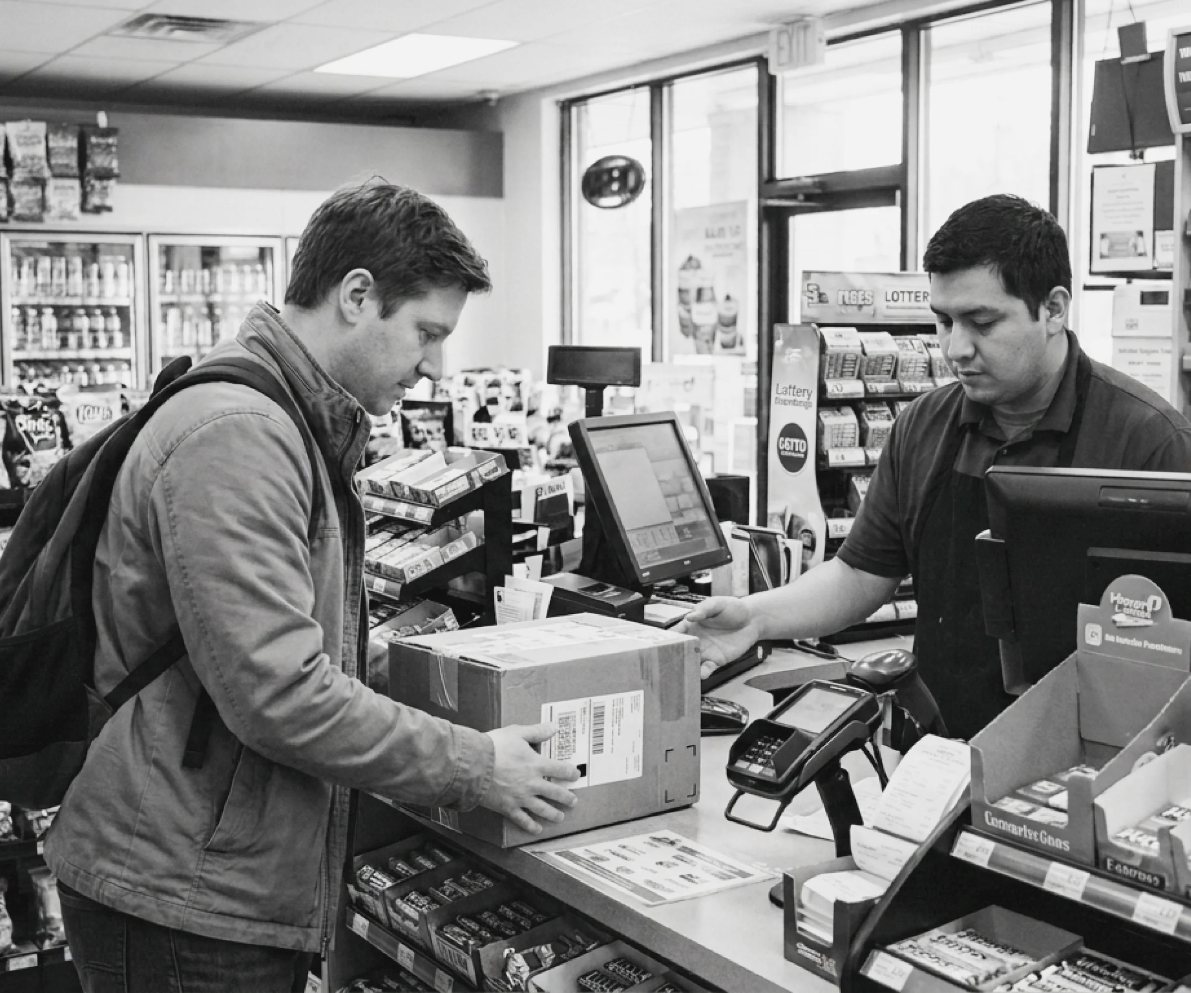 Black and white photo of a customer dropping off a return at a convenience store.